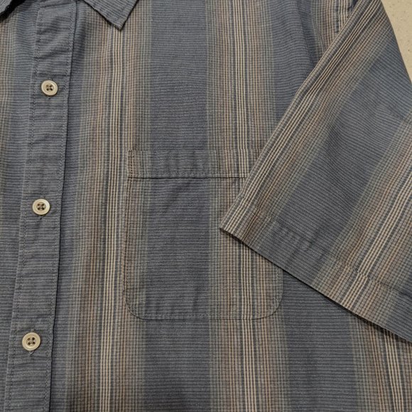 Van Heusen Mens Button down Short sleeve Blue tan stripe Shirt Large 16-16 1/2 - Picture 4 of 7